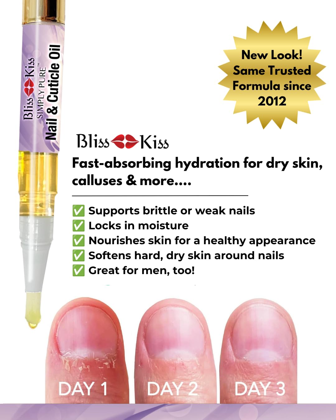 Bliss Kiss | 1 Lavender Vanilla | Nail Oil Cuticle Pen w/Vitamin E & Jojoba⏤Nail Strengthener Nail Growth Serum for Brittle Peeling Breaking Thin Nails