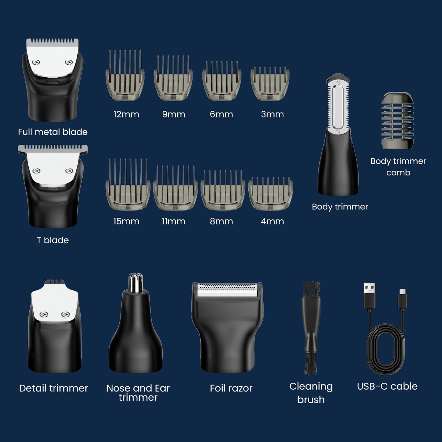 MAXGROOM 6 in 1 Beard Trimmer for Men, Waterproof Cordless Electric Razor Shaver, Men's Grooming Kit for Mustache, Hair, Face, Nose and Body, USB Recharge Dock - Black