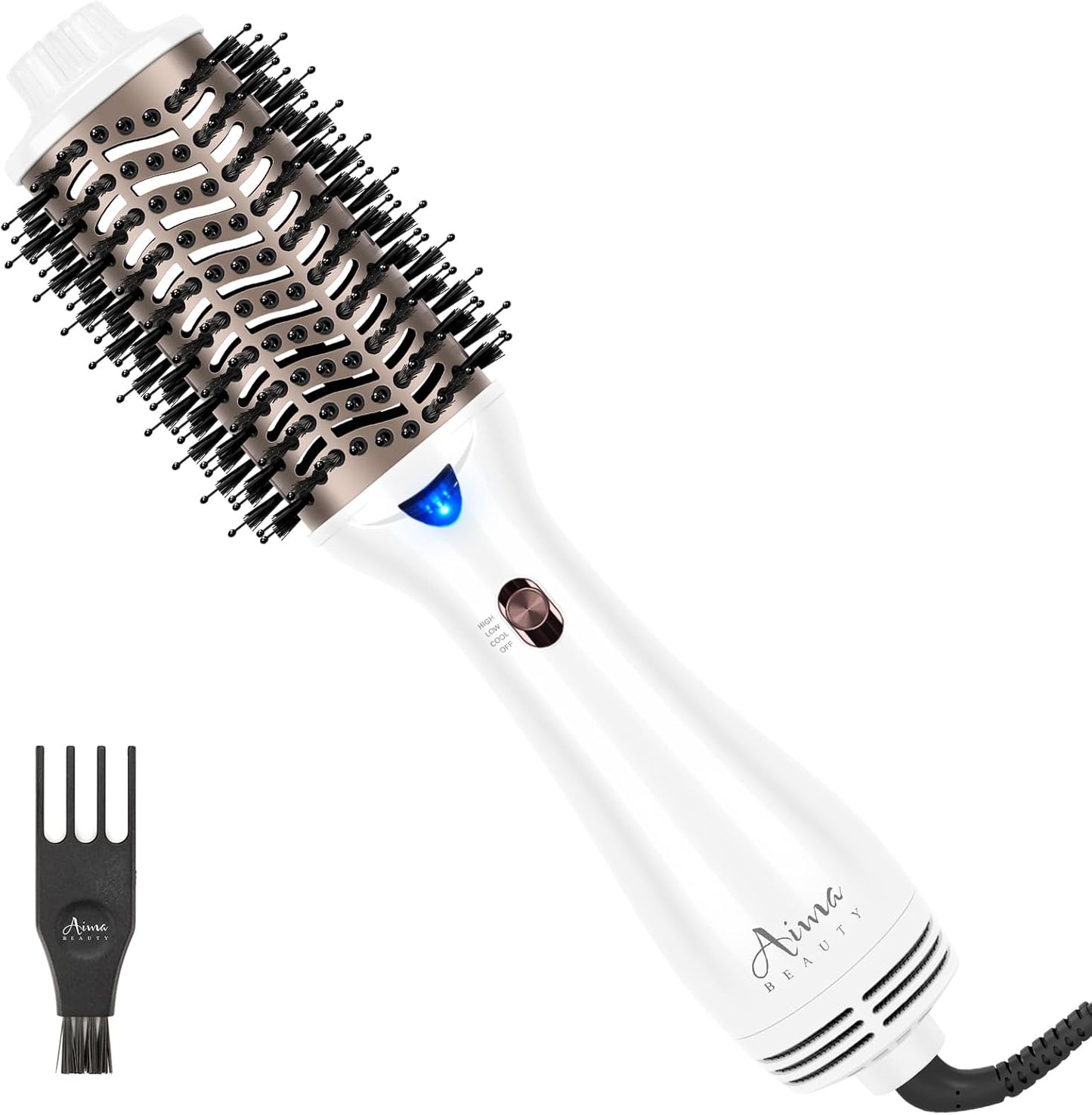 Aima Beauty Blow Dryer Brush - Ionic Ceramic Hot Air Brush for Frizz-Free Styling | 2.3" Oval Barrel, 3 Heat Settings, White