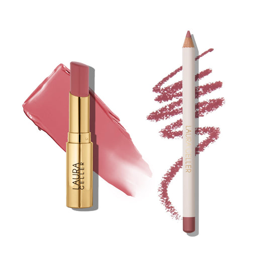 LAURA GELLER Lip Color & Liner Lip Kit | Jelly Balm Hydrating Tinted Lip Balm, In the Buff + Marble Lips Multidimensional Liner, Romantic Rose