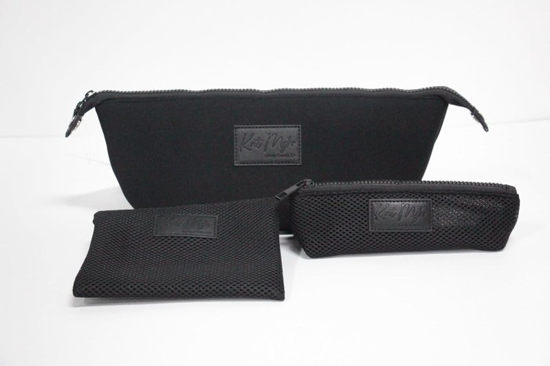 Neoprene Travel Makeup & Cosmetic Bag Set - 2 Air Mesh Pouches | Large Water-Resistant Toiletry Bag (Jet Black)