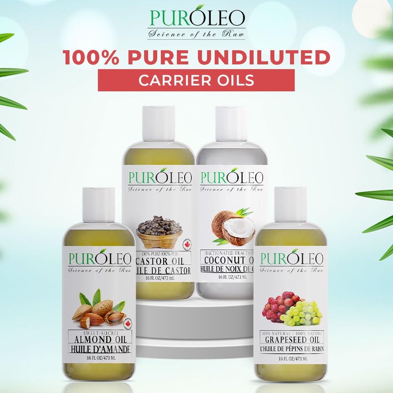 PURÓLEO Carrier Oil Gift Set- 4 Pack - Coconut Oil- Almond Oil - Castor Oil - Grapeseed Oil - 100% Natural Moisturizing Massage 4 Pc (4 Fl Oz)