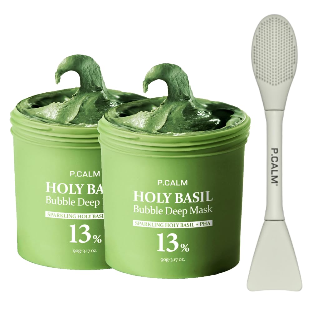 P.CALM Viral Holy Basil Bubble Mask 2EA + Dual Pore Brush Set – Deep Cleansing for Pores & Blackheads with Holy Basil & Carbonated Water