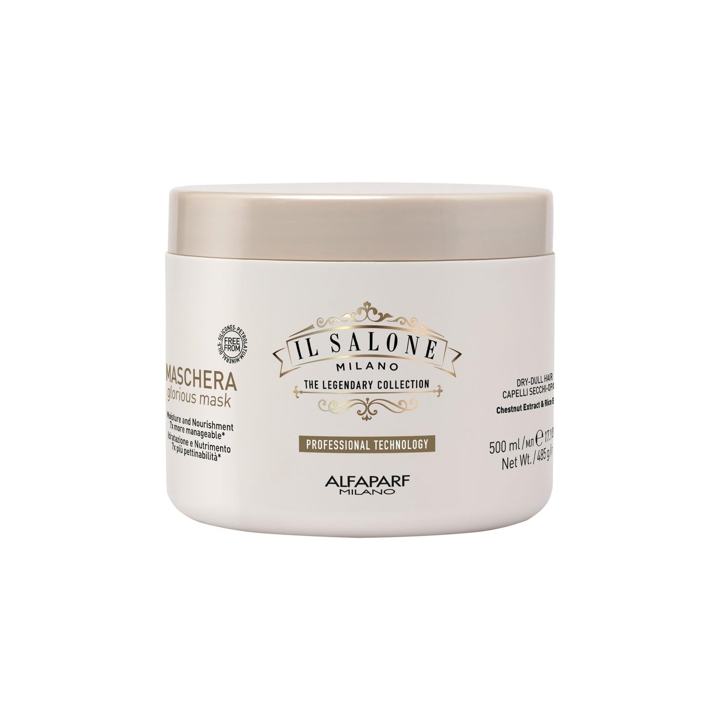 Il Salone Milano Professional Glorious Mask - Hydrating Hair Mask for Dry Hair - Increases Nourishment & Combability with Chestnut Extract & Rice Extract - Salon-Quality Hair Care (17.1 oz / 500 ml)
