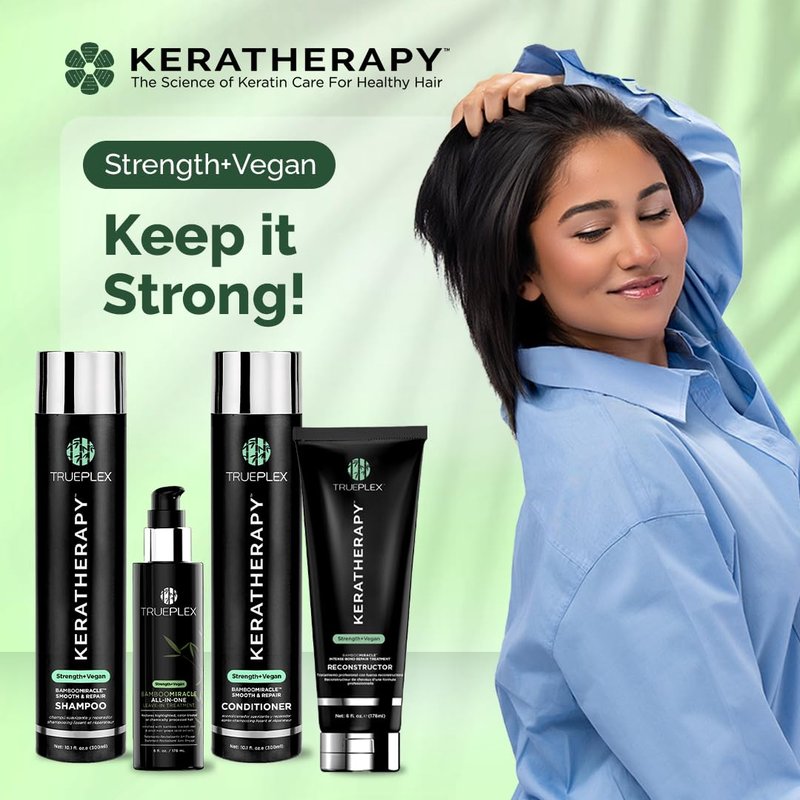 Trueplex KERATHERAPY Bamboo Miracle Smooth & Repair Conditioner, 10.1 oz., 300 ml - Vegan Formula Damaged, Frizzy, & Dry Hair - Hydrating & Smoothing with Grape Seed, Baobab, & Bamboo Extract