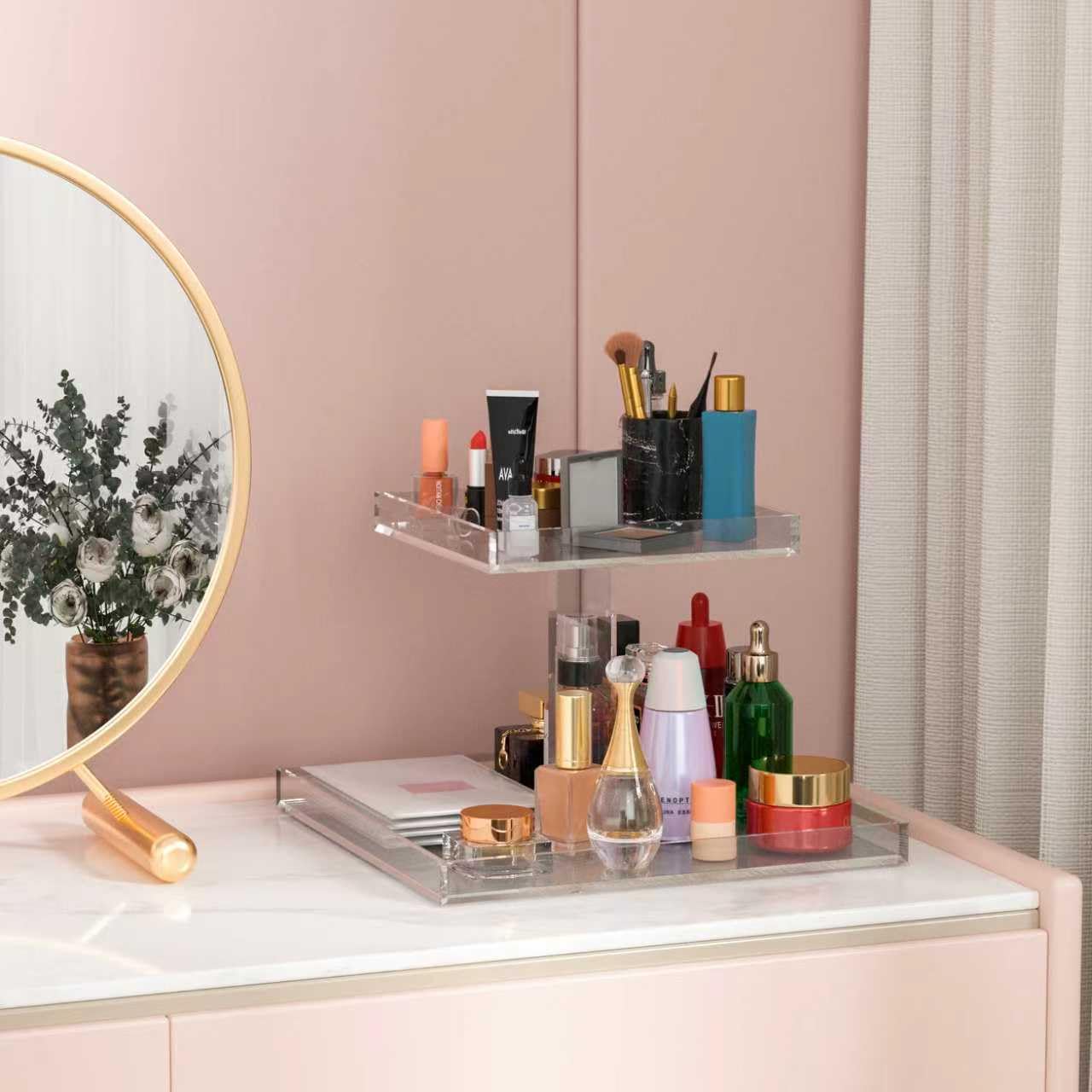 Hongtuocb 2-Tier Acrylic Perfume Organizer, Display Stand for Dresser & Counter, Vanity Trays Makeup Storage Holder, Bathroom & Kitchen Organizer (12x8)