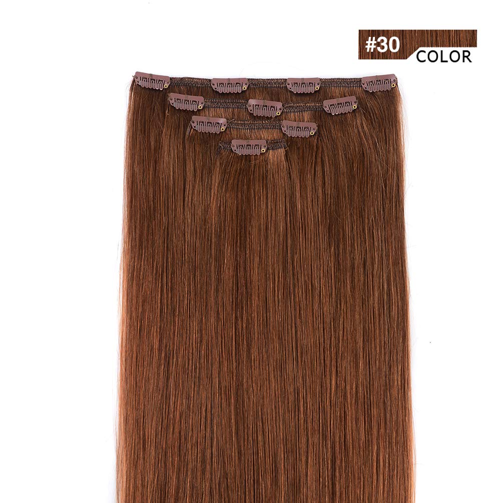 18" Hair Extensions Clip in Human Hair for Women - Silky Straight Remy Real Clip on Extensions Medium Auburn 60grams 4pieces #30 Color