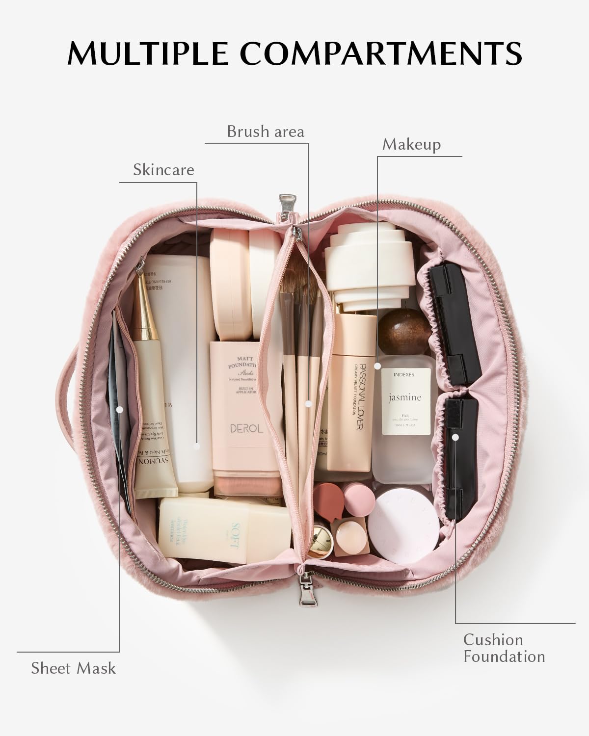 EACHY Travel Makeup Bag,Cute Faux Fur Cosmetic Bag for Women,Portable 180°Wide-Open Flat Make Up Bag,Large Capacity Makeup Pouch Make Up Organizer with Divider and Handle
