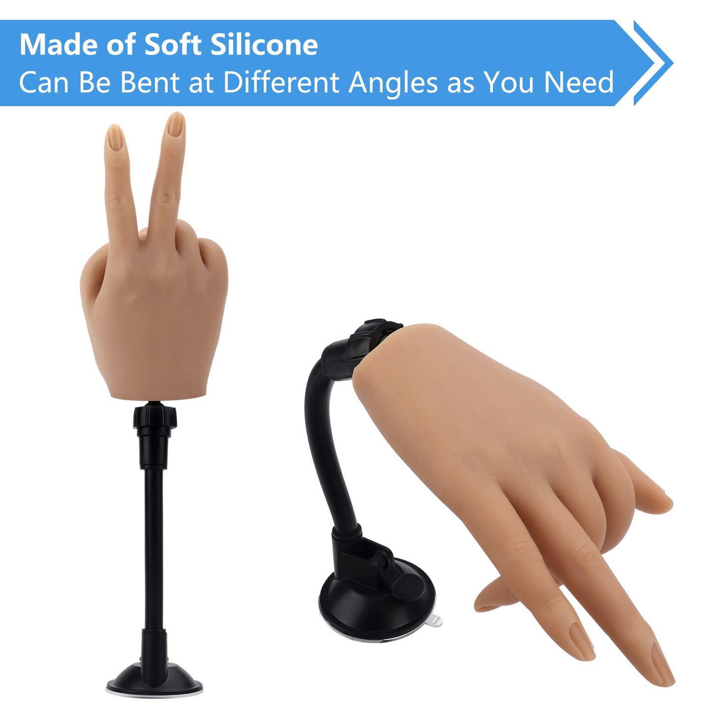 Silicone Practice Hand for Acrylic Nails, Realistic Flexible Fake Nail Hand Practice with Bracket, Soft Bendable Mannequin Hand for Nail Practice Hands for Nail Technician and Beginner