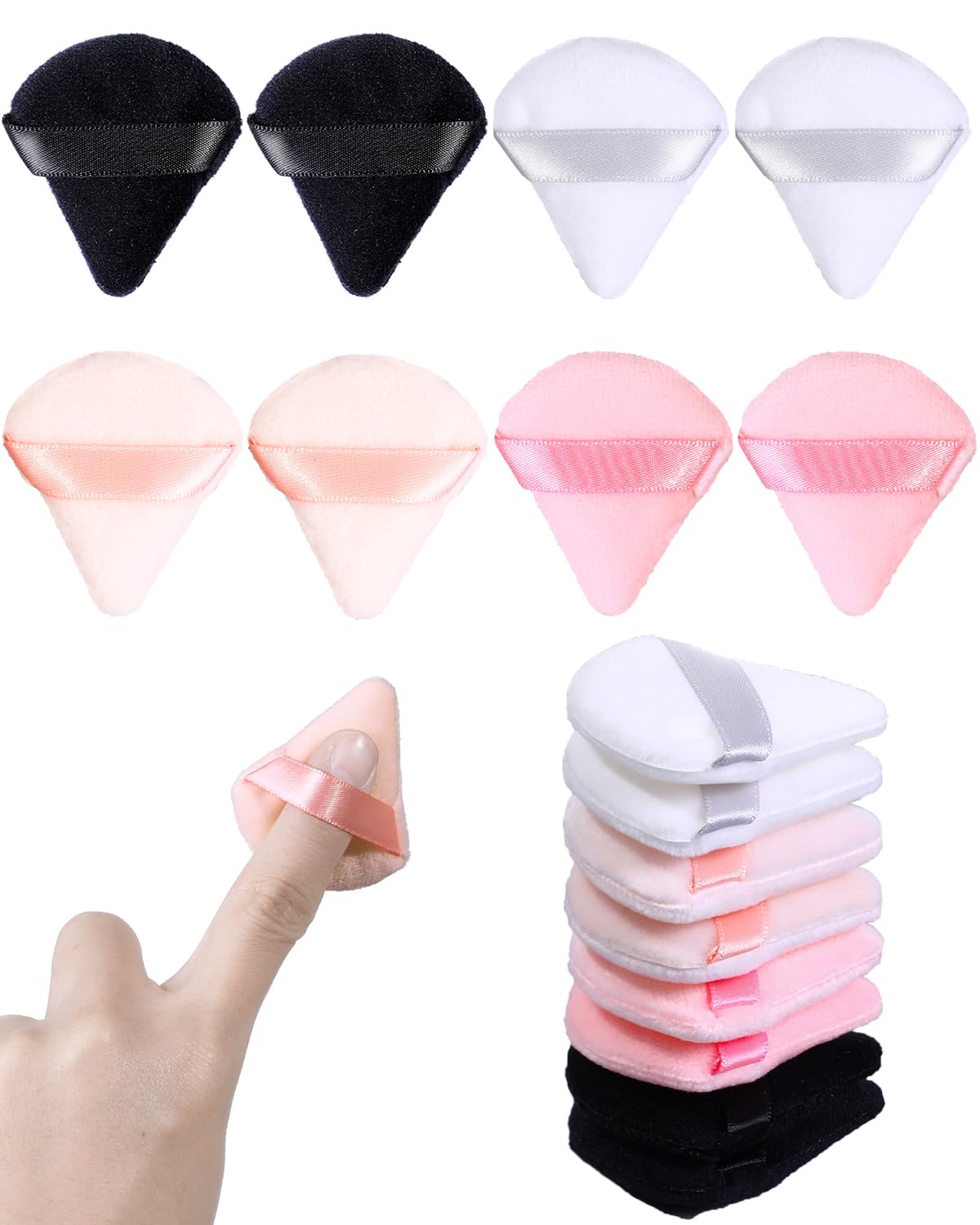 Glavatrix 8 PCS Mini Powder Puff, Finger Setting Powder Puffs for Face, Small Velour Triangle Makeup Sponge (Black+White+Nude+Pink)