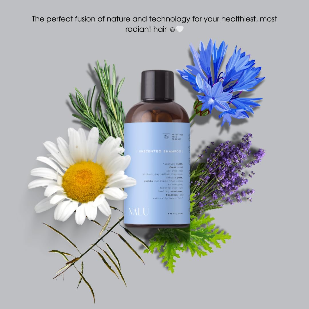NALU Unscented Shampoo - Organic Rosemary & Lavender Hydrosol for Sensitive Scalp | Nourishing & Calming, 8 Fl Oz