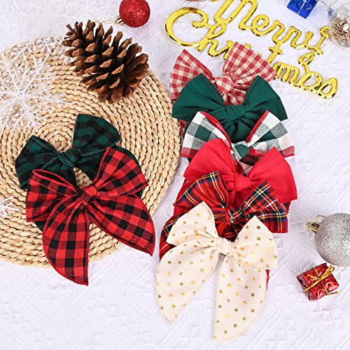 DEEKA 8 PCS Large Christmas Fable Hair Bows Cotton Linen Red and Black Plaid Hair Bow for Toddlers Girls Handmade Christmas Hair Accessories for Little Girls Kids