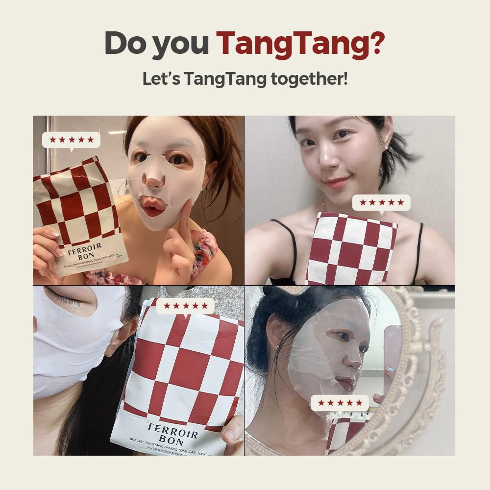 TerroirBon Vegan BioCell TangTang Firming Total Care Mask for Sensitive Skin–Jawline Lifting, Elasticity Hydrating, Elasticity, Plumping, Grape Stem Cell Sheet Mask | Korean Skincare, 1.28 fl ozx4ea