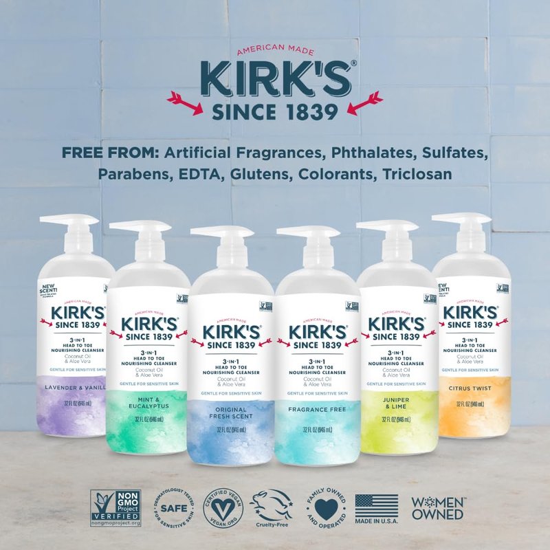 Kirk's Juniper & Lime 3-in-1 Nourishing Cleanser, Shampoo Body Wash Bubble Bath, Coconut Oil and Aloe Vera, Vegan Non-GMO, 32 Fl Oz, Pack of 2