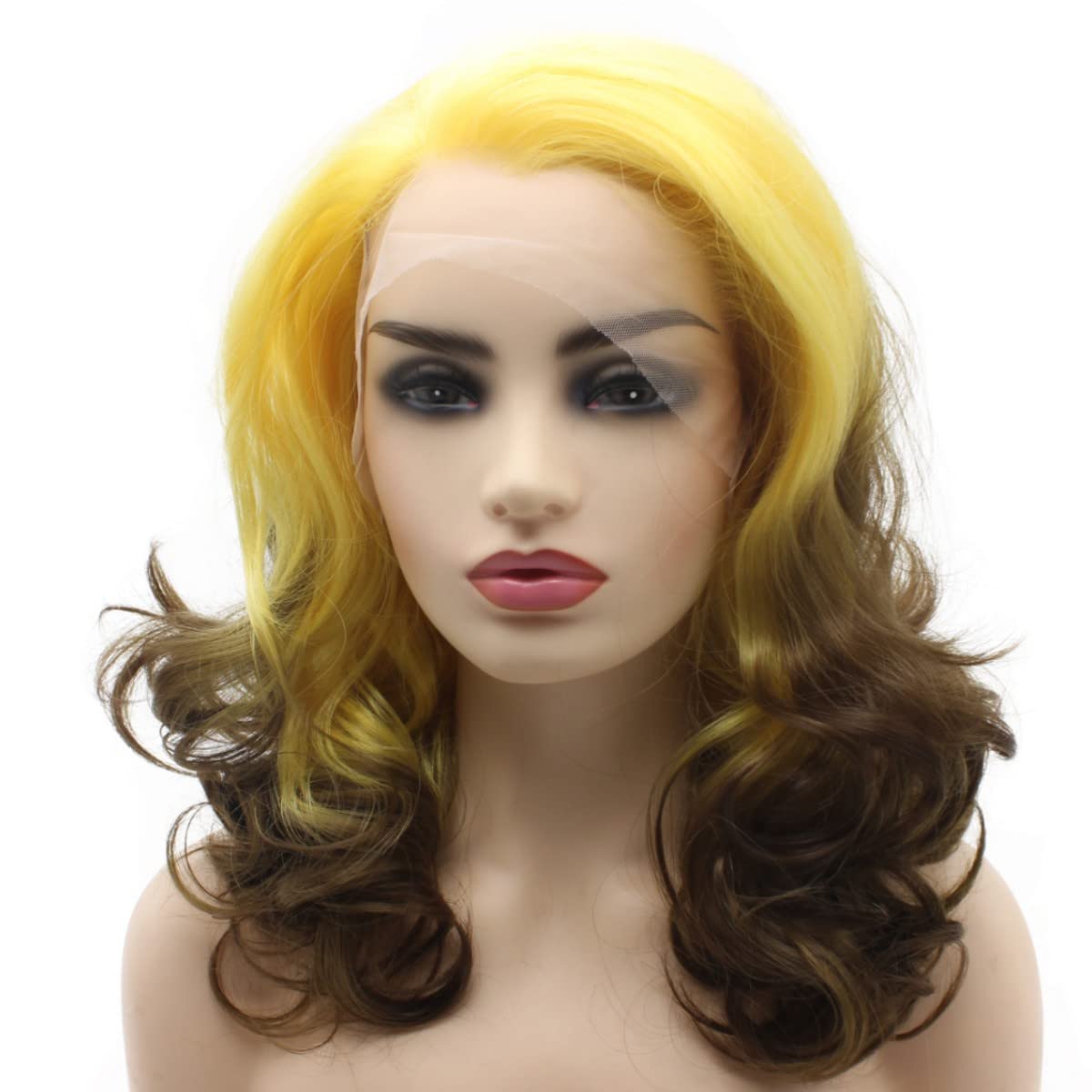 Peakia Shoulder Length Wavy Yellow Brown Ombre Half Hand Tied Lace Front Wig Synthetic