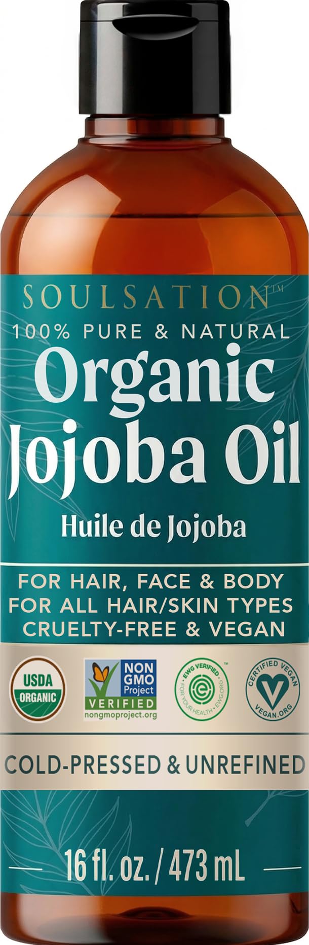 SOULSATION Organic Jojoba Oil for Skin, Hair & Face (16oz) | 100% Pure, Natural Cold Pressed