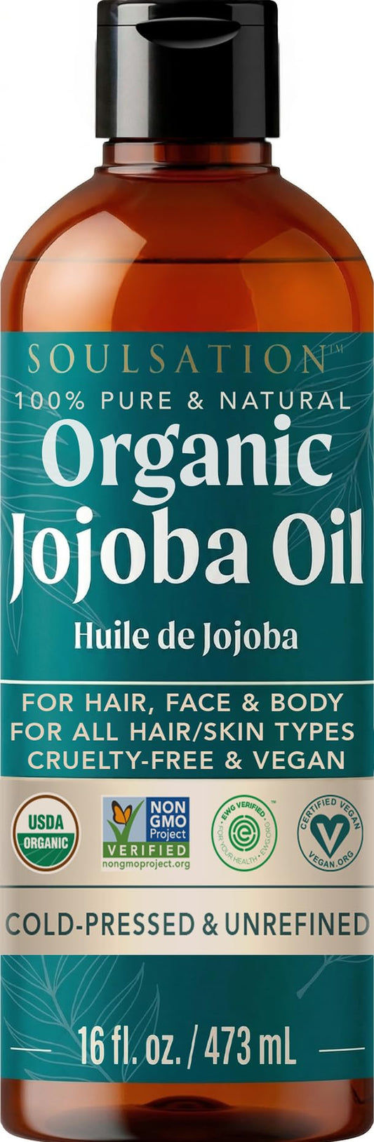 SOULSATION Organic Jojoba Oil for Skin, Hair & Face (16oz) | 100% Pure, Natural Cold Pressed