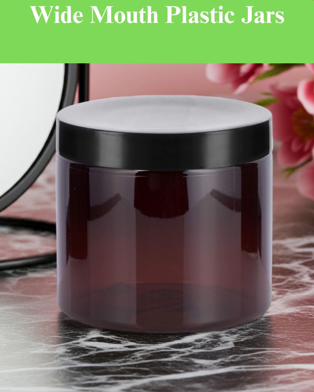 (8 Pack) 16 oz Amber Plastic Wide Mouth Jar with Black Lids