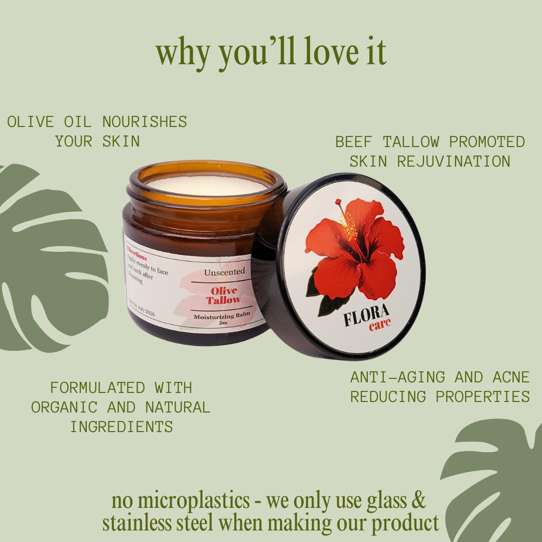 100% Grass-Fed Beef Tallow Face Moisturizer - Natural Organic Skin Care with Vanilla Essential Oil - Nourishing 2oz Balm with Olive Oil & Beeswax for Sensitive Skin, Hands & Lips
