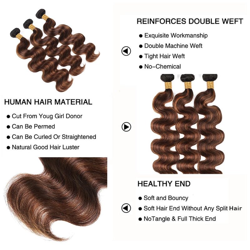 Light Brown Bundles Human Hair Highlight Body Wave Human Hair Bundles P4/30 Chocolate Brown Bundle 14 16 18 Inch Healthy And Soft Brazilian Virgin Remy Hair Extensions For Women