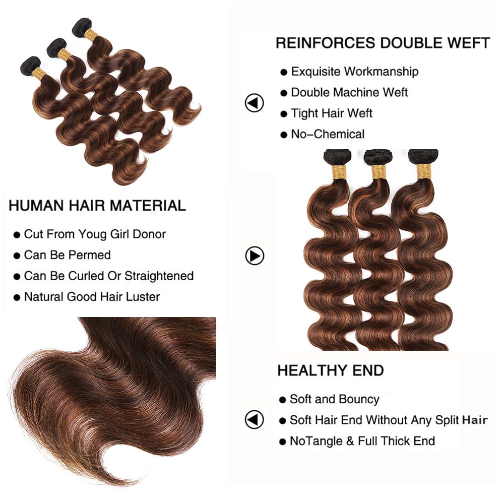 Brown Bundles Human Hair P4/30 Highlight Body Wave Human Hair Bundle 12 14 16 Inch Chocolate Brown Body Wave Bundles Ultra Soft Unprocessed Brazilian Remy Hair Extensions