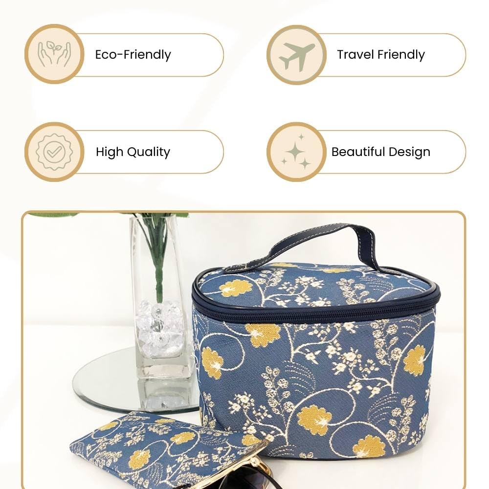 Signare Tapestry Toiletry Bag Makeup Organizer bag for Women with Jane Austen Blue Design (TOIL-AUST)