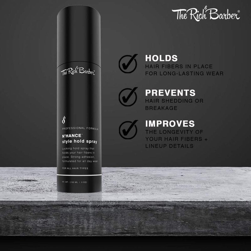 The Rich Barber N’Hance Hold Spray for Hair Building Fibers - Long Lasting Locking & Setting Hold Spray for Natural Concealing Hair Thickening Fibers (5 oz.)