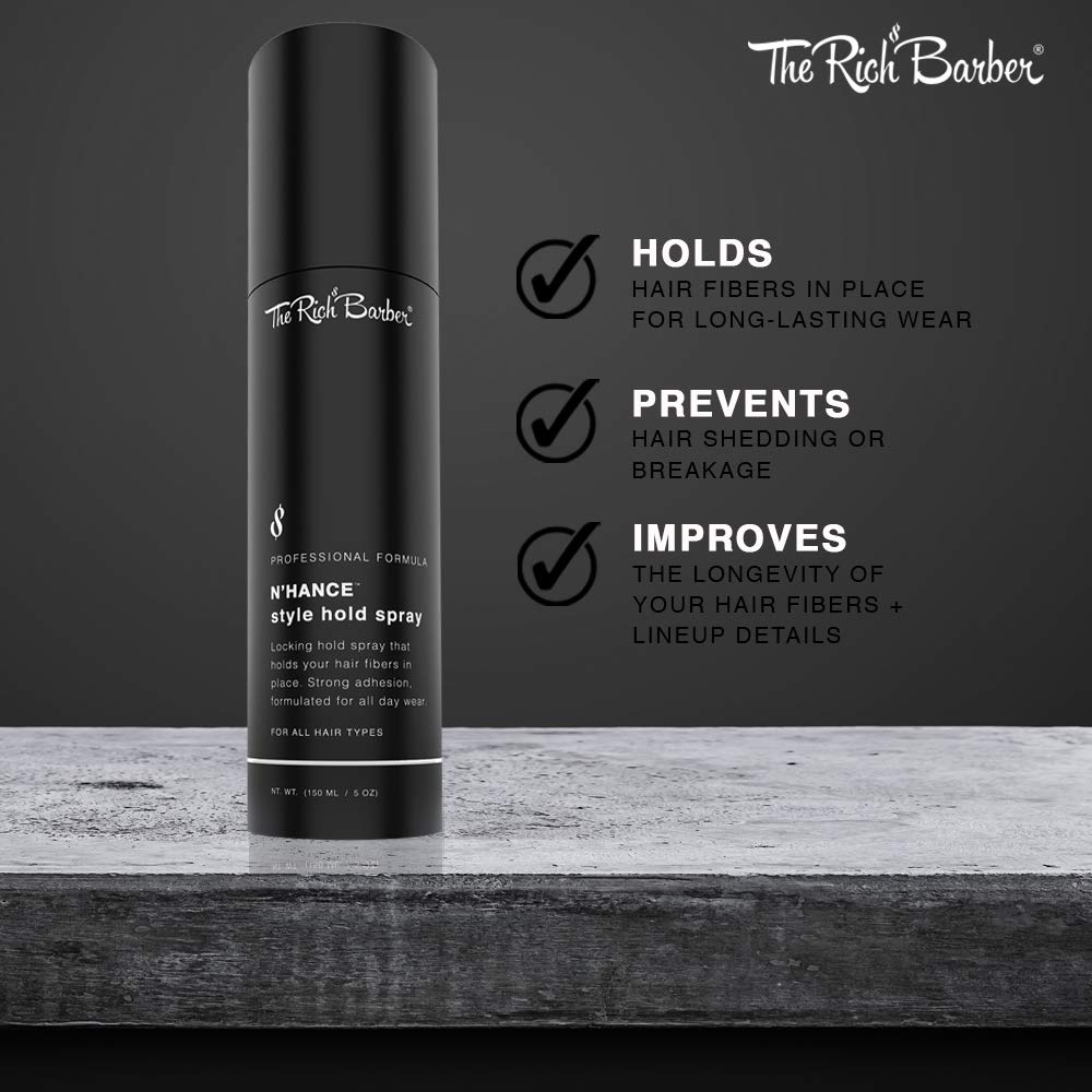 The Rich Barber N’Hance Hold Spray for Hair Building Fibers - Long Lasting Locking & Setting Hold Spray for Natural Concealing Hair Thickening Fibers (5 oz.)