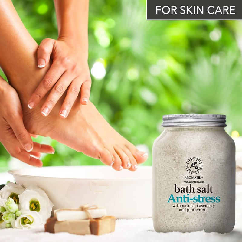 De-Stress Bath Salt 46 Oz - 100% Natural & Pure Salt Essential Oils Rosemary & Juniper - Best for Good Sleep - Relaxing - Calming - Body Care - Beauty - Aromatherapy - Stress Relief