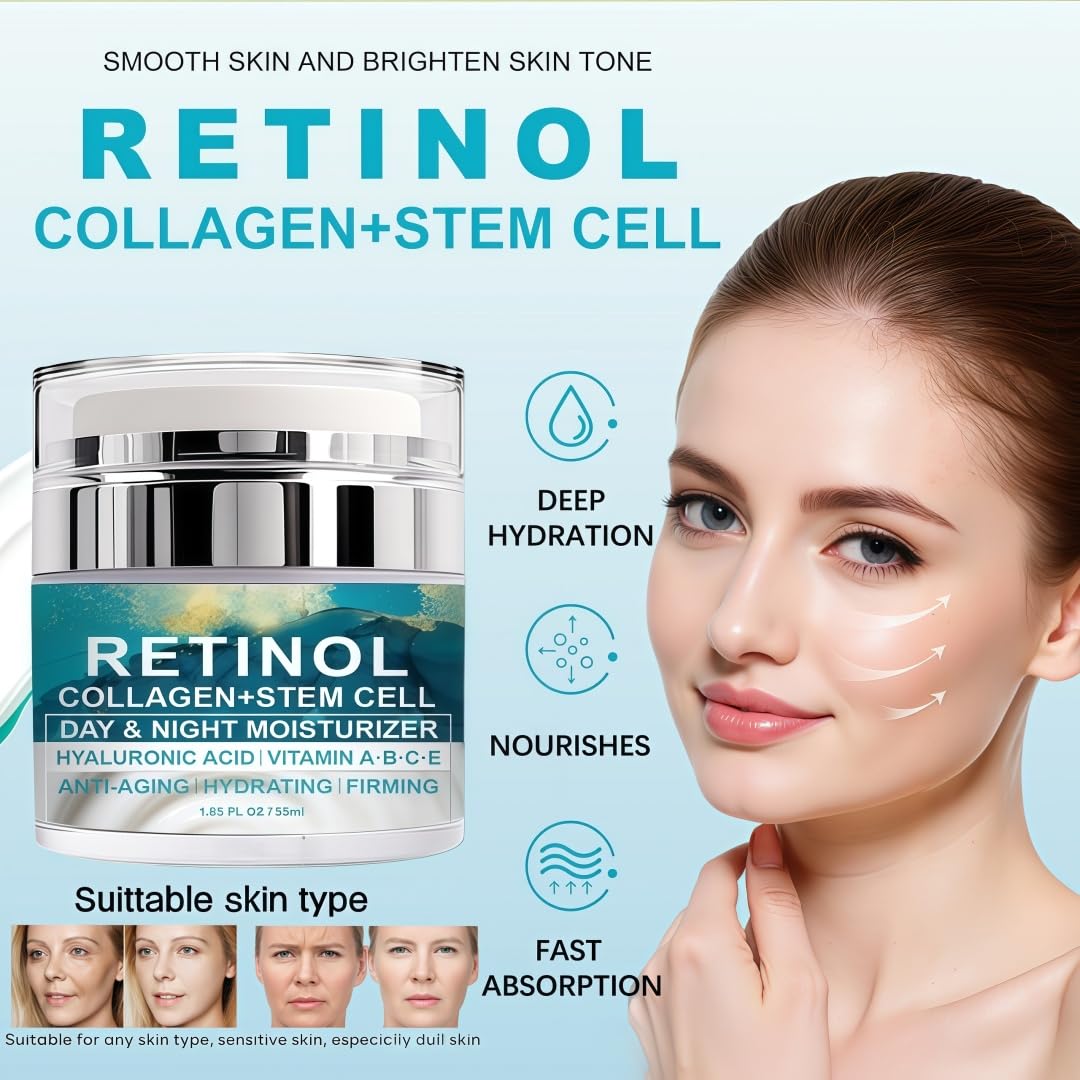 Collagen Face Cream with Retinol, Hyaluronic Acid & Niacinamide - Anti-Wrinkle, Firming & Hydrating Moisturizer with Plant Stem Cell Extract - Airless Pump for Day & Night Use - For All Skin Types