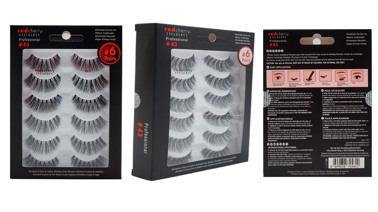 Red Cherry Eyelashes #43 False Eyelashes, 12 Pairs, Full Black, Handcrafted, Natural-Glamour Style, Cruelty-Free, Vegan