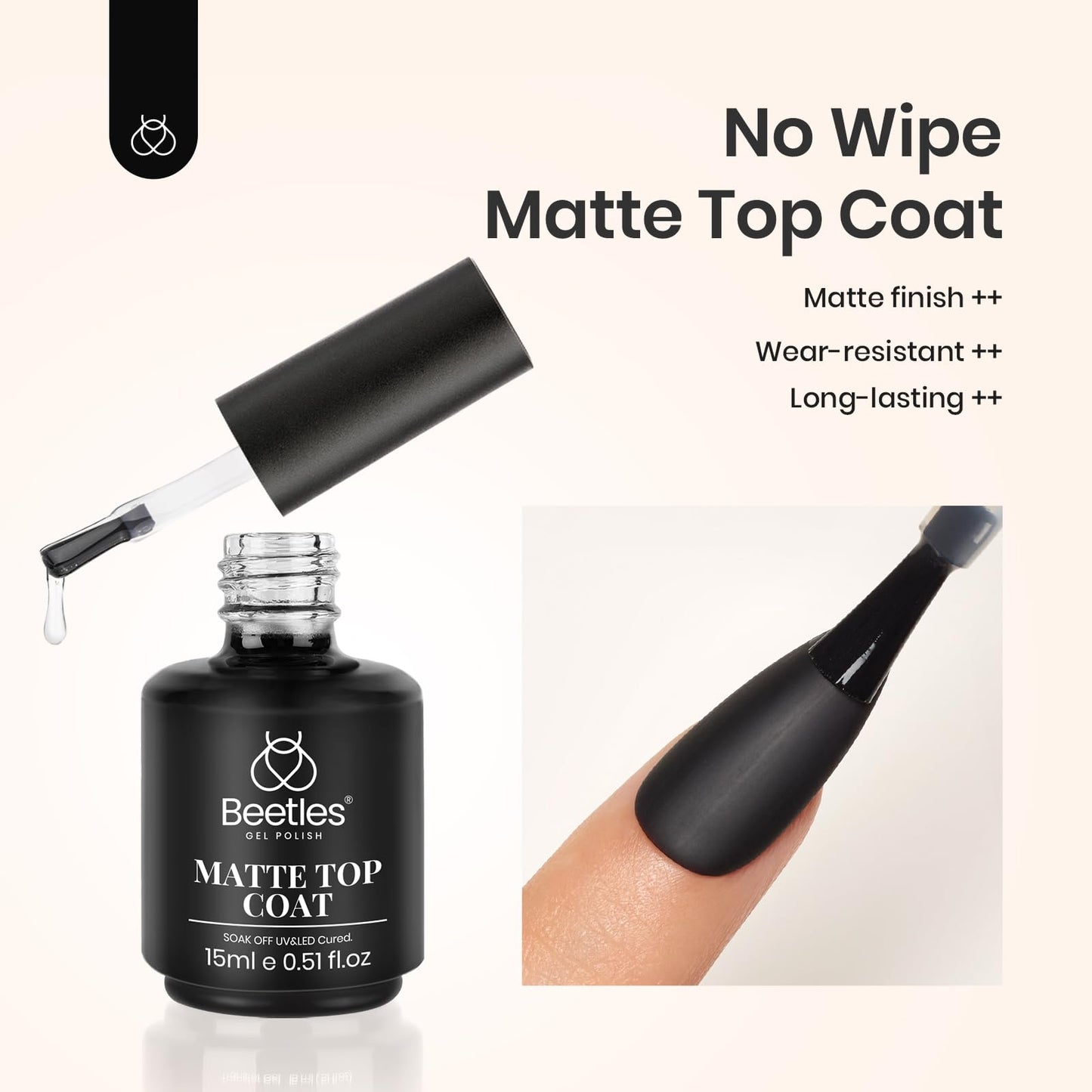 15ML No Wipe Matte Top Coat with 2 Pcs 15ml No Wipe Gel Top Coat and Base Coat Set - Shine Finish and Long Lasting, Soak Off LED Nail Lamp