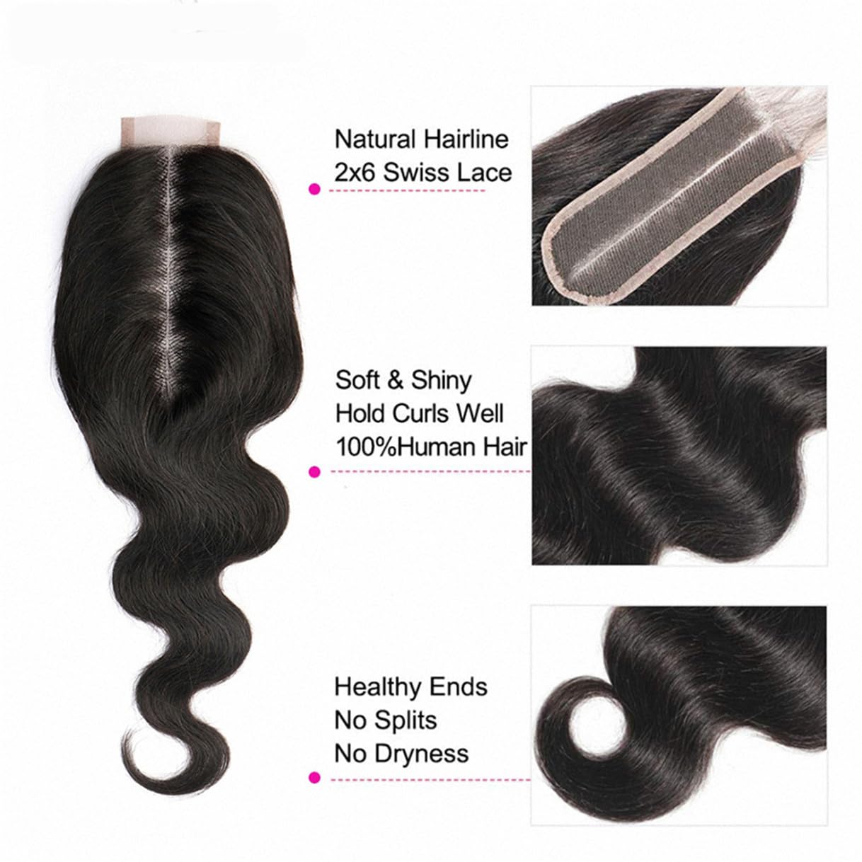 Brazilian Body Wave 2x6 Lace Closure 100% Unprocessed Human Virgin Hair Pre Plucked Wet and Wavy Pre-Plucked Hairline Frontal Closure Natural Black With Baby Hair (2x6 body wave closure, 16inch)