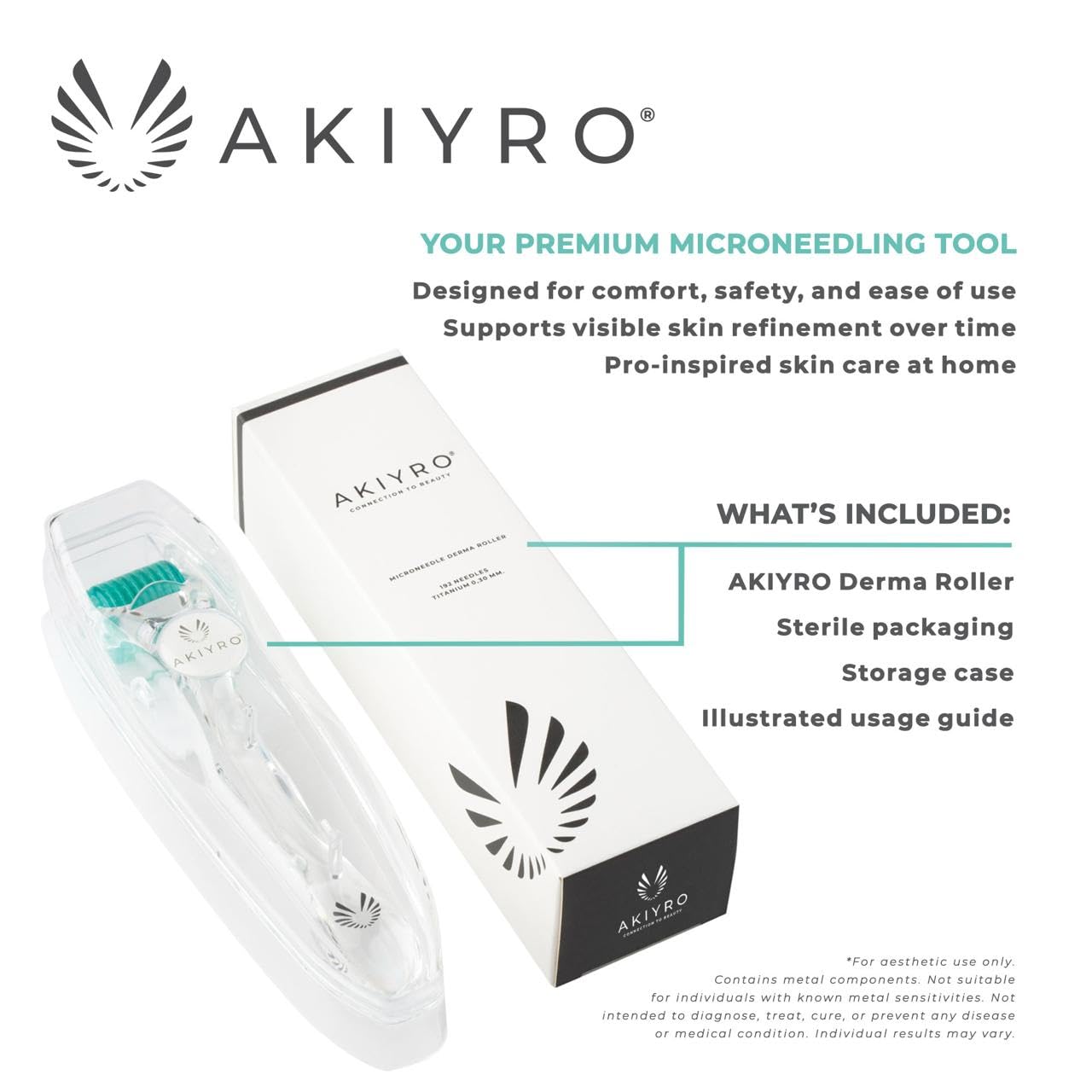 AKIYRO Derma Roller 0.30mm - Microneedle Roller with Storage Case - 192 Micro Needling Dermal Tool for Face, Beard, Scalp & Body - At Home Microneedling Skin Care for Women & Men (Green)