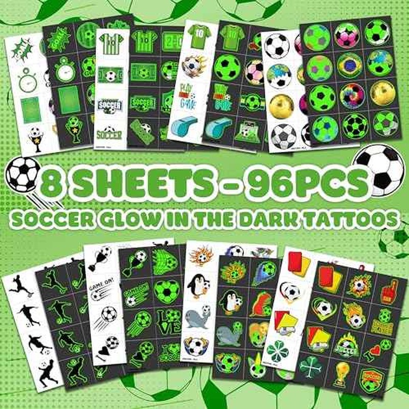 96 PCS Soccer Ball Pre-Cut Luminous Glow in The Dark Temporary Tattoos Themed Birthday Party Decorations Favors Supplies Decor Europa Sports Tattoo Stickers Gifts For Game Boys Girls Class School