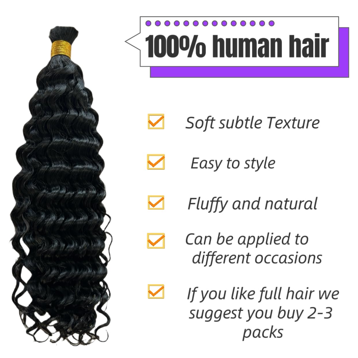 Human Braiding Hair - Boho Water Wave Bulk Extensions | Brazilian Virgin Curly, 14 Inch, Natural Color, 100g