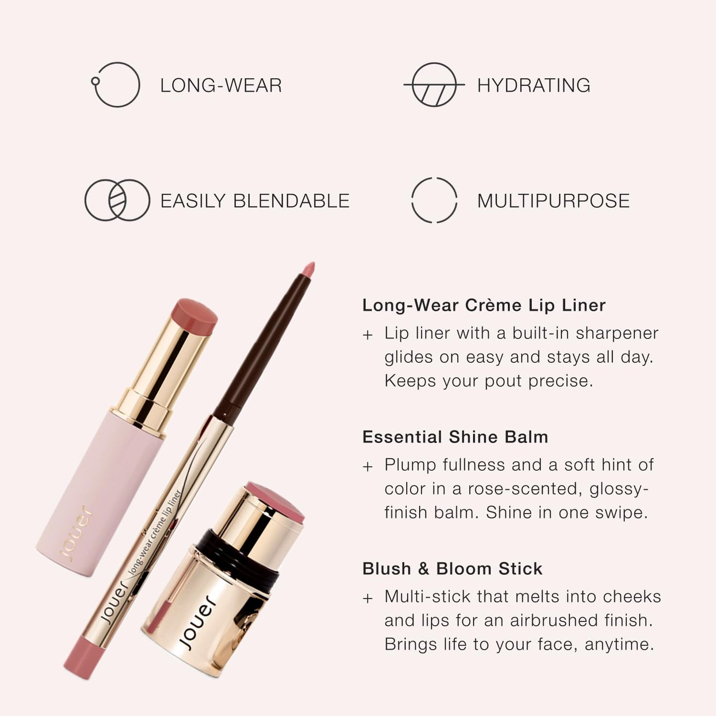 Jouer Bare Rose Collection | Blush Stick, Cream Lip Liner, Lip Plumping Balm Kit | Face Makeup in Rose Shades, Hydrating Formulas for Long Wear | $78 Value
