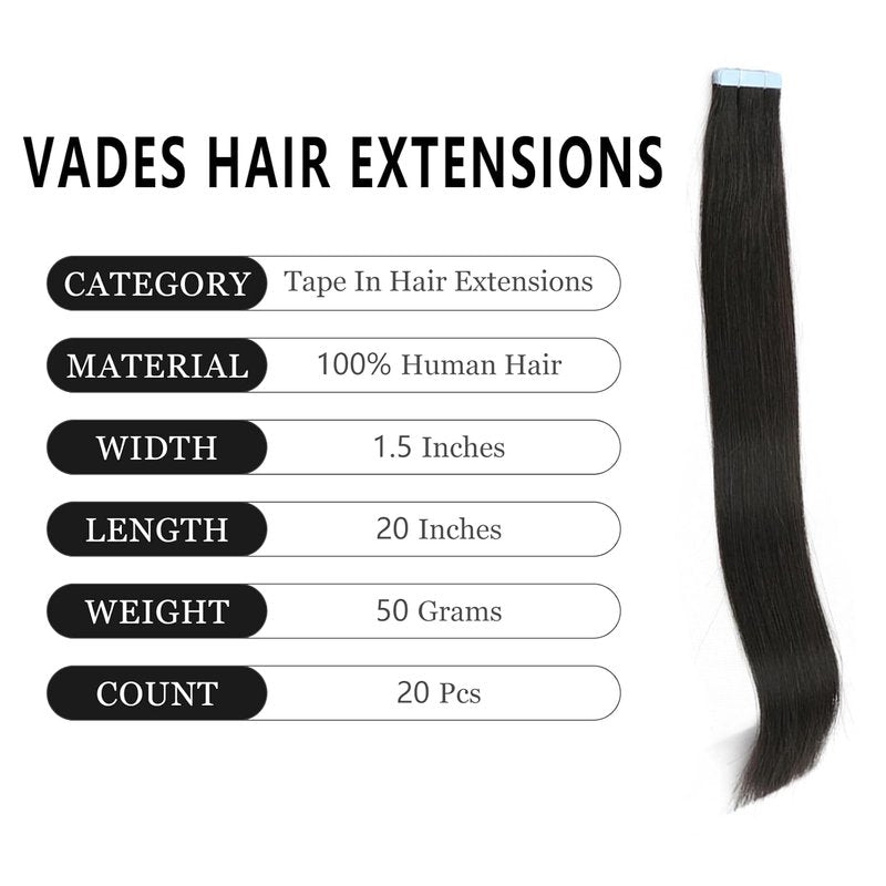 VADES Tape In Hair Extensions - Remy Human Hair, Natural Black, 20 Inch, Invisible Seamless Skin Weft, 50 Grams, 20 Pieces