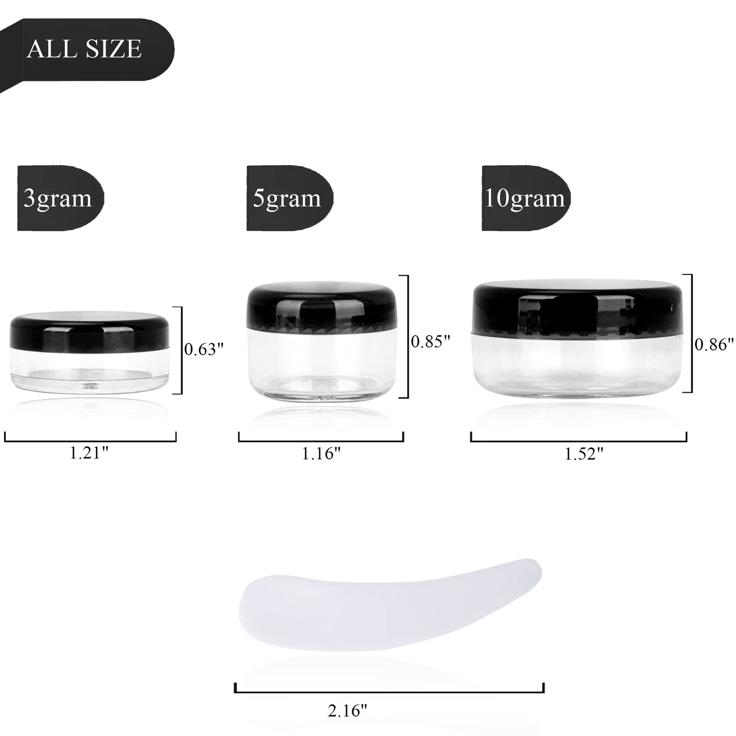200PCS 3 Gram Sample Containers, 3ml Empty Jars with Lids, Small Cosmetic Containers, Mini Sample Jars with 16PCS Mini Spatulas for Make Up, Oils, Lotion, Powder, Paint, Jewelry, Lip Balms(Black Lid)