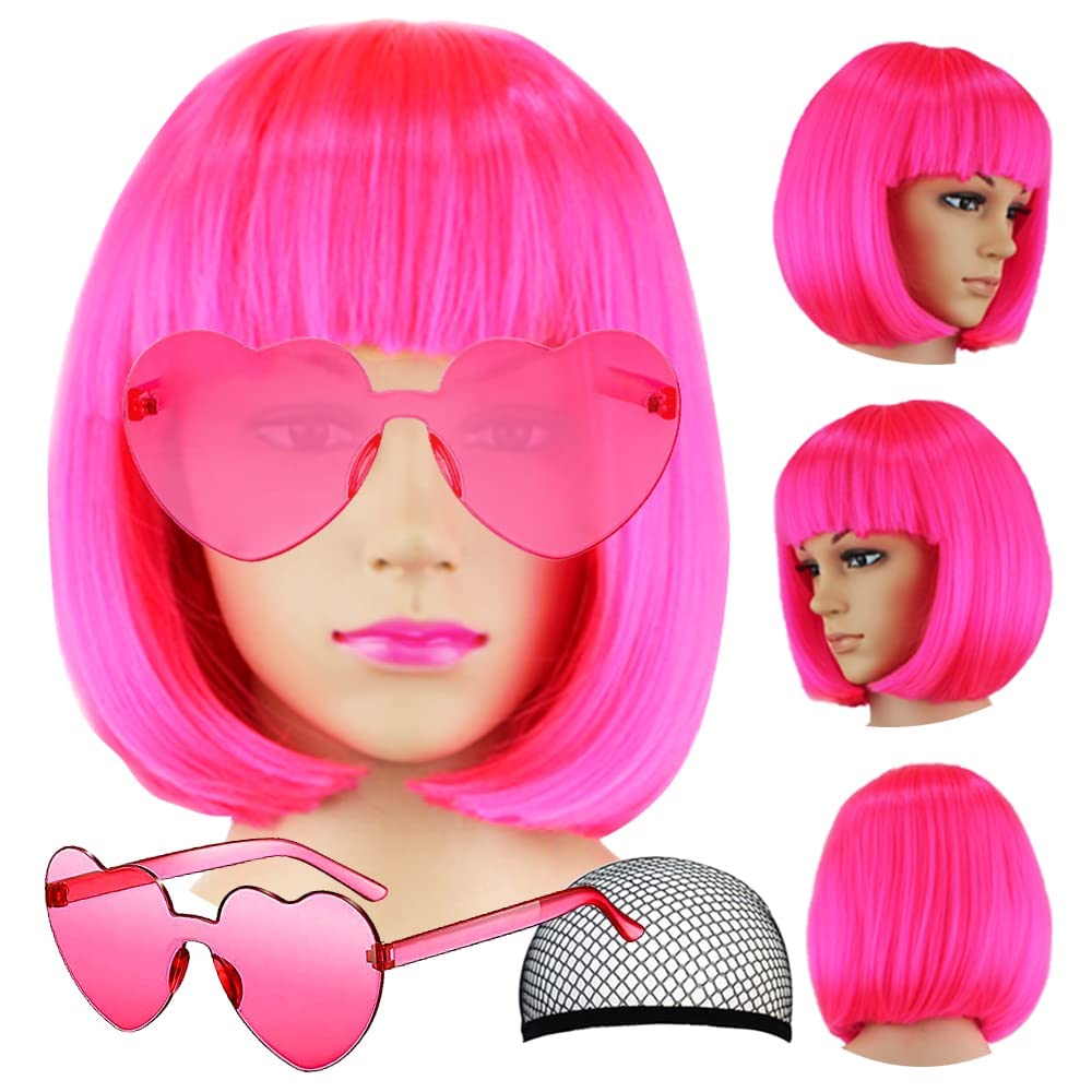 Short Bob Wigs with Bangs, 6 Pack Bob Wigs - Fruit Beach Series Set with Heart Shape Sunglasses, Hairpieces for Neon Halloween Costume, Bachelorette Party Decorations (Hot Pink)