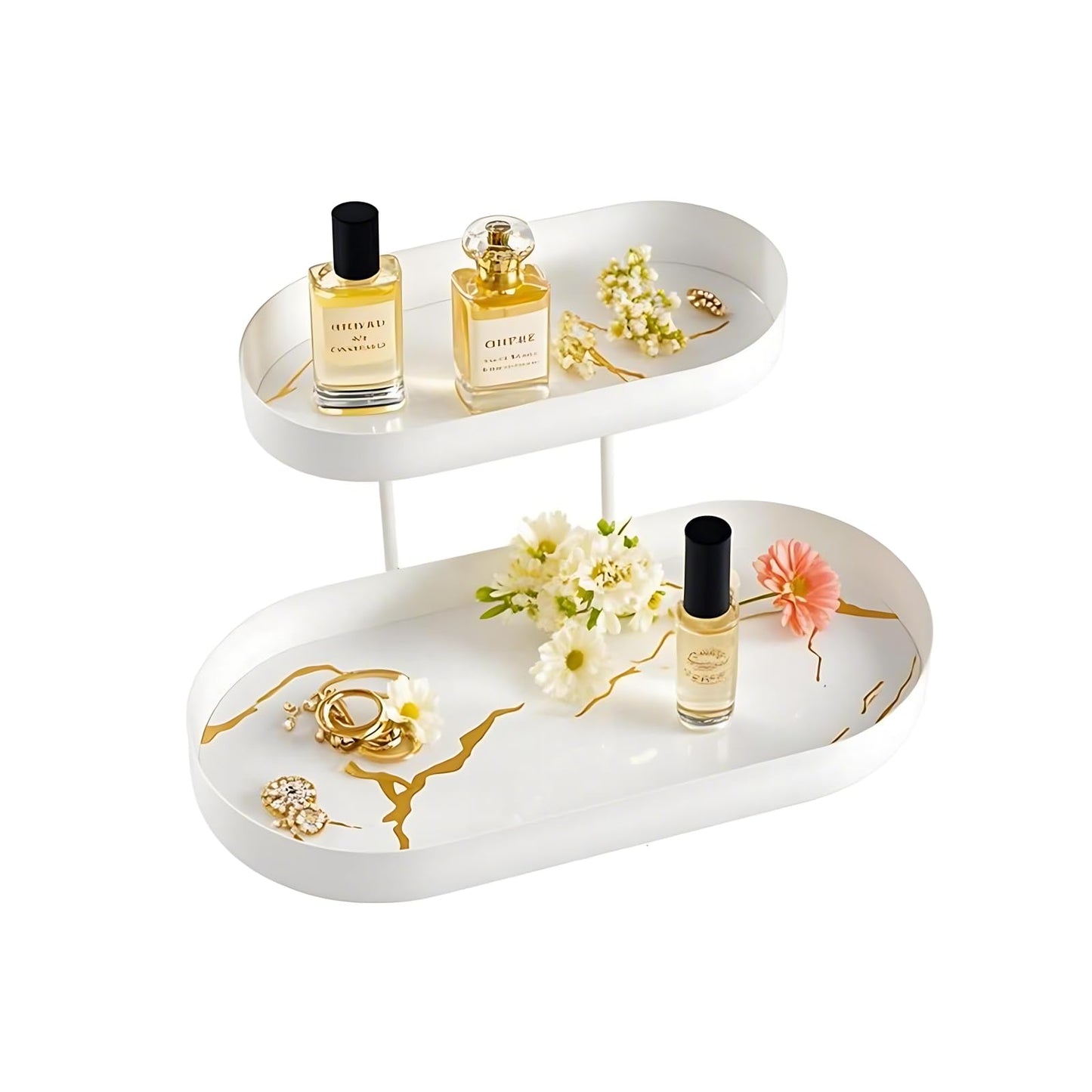 Modern White 2 Layer Metal Perfume Organizer with Marble Stripe Tray - Jewelry & Skincare Display Rack for Bathroom Dresser, Dresser Countertop