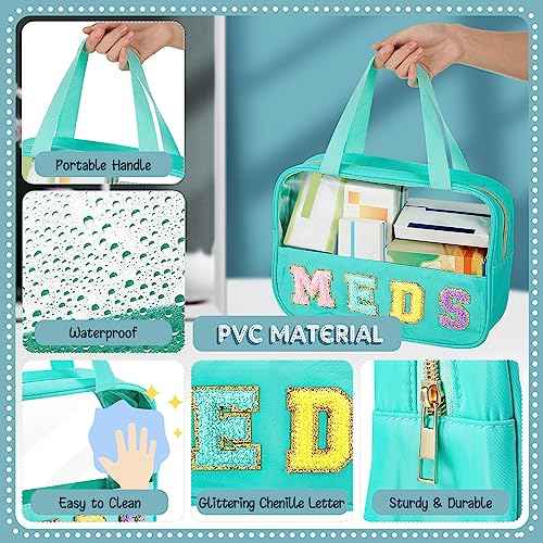 Geetery Chenille Letter Bag, Preppy PVC Nylon Makeup Portable Cases Preppy Patch with Zipper Cosmetic Clear Travel Toiletry Storage Bag for Women(Green,Novel Meds)