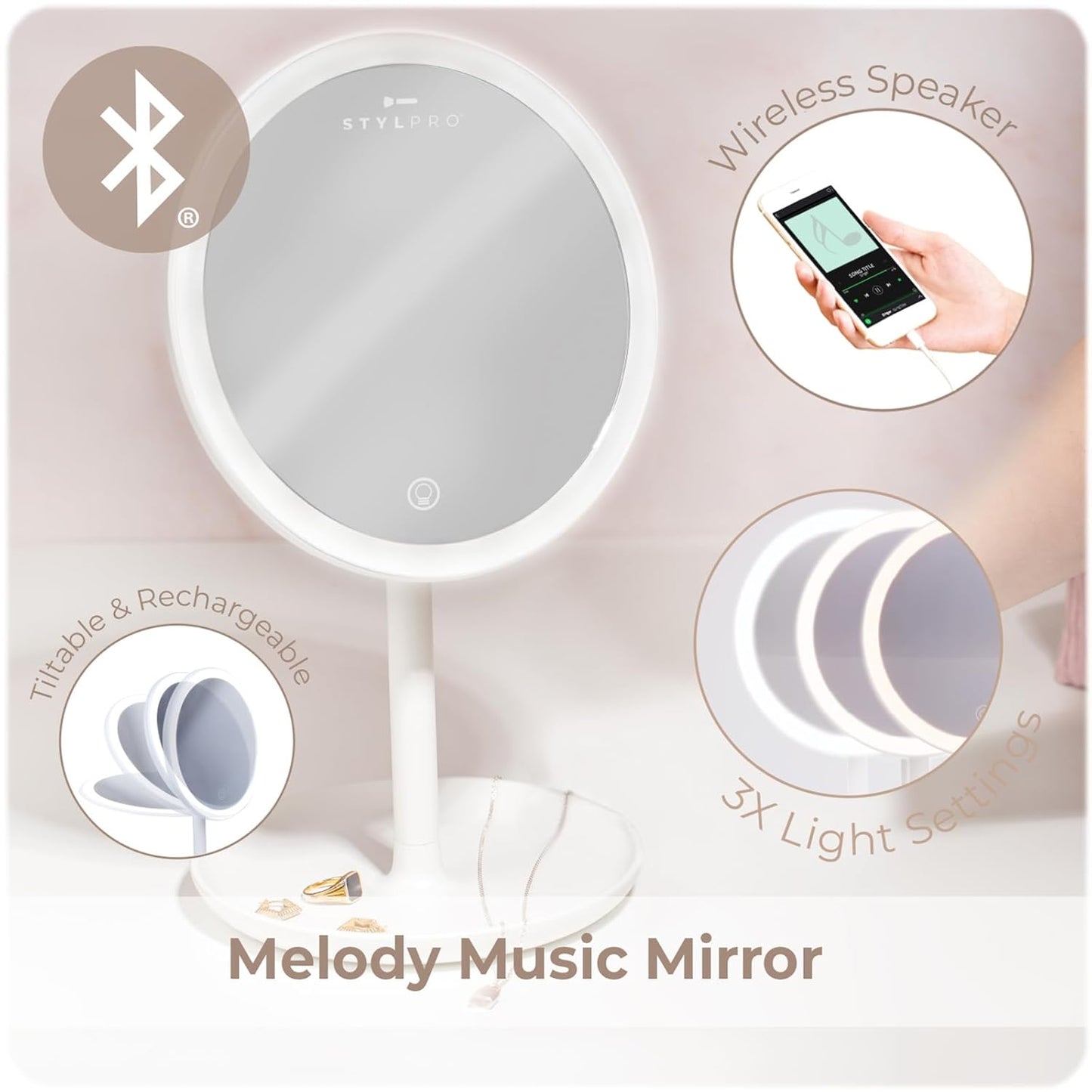 StylPro Melody Portable Bluetooth Makeup Mirror - Dimmable Touch LED Lighting | Travel-Friendly Design