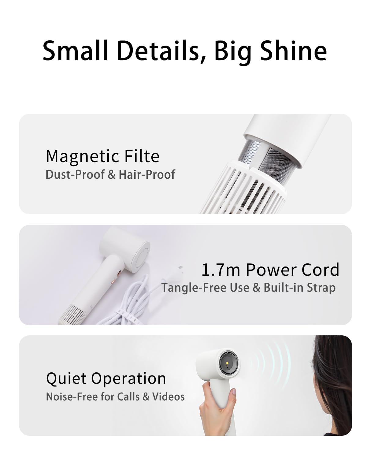 Hair Dryer, High-Speed Ionic Low Noise Blow Dryer with Brushless Motor for Fast Drying for Home Travel Salon