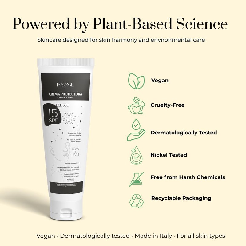INSANE GLOW Mineral Sunscreen SPF 15 with Non-Nano Filters — Broad Spectrum UVA/UVB support, Niacinamide — Mango Extract & Rice Bran Oil — Matte Finish, Water & Sweat Resistant — 3.38 fl oz