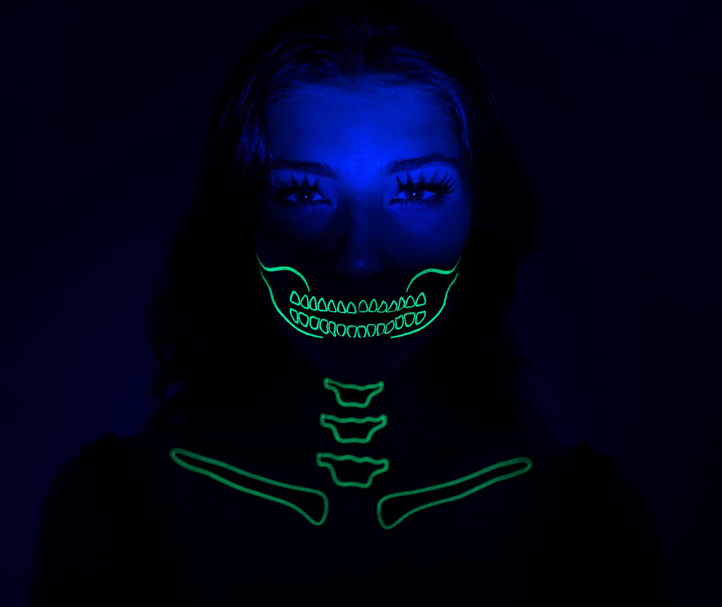Tattoocrew 2 x Neon Skull Face Pink Temporary Tattoo, Halloween Costume for Women and Men, Adult, Glow in the Dark