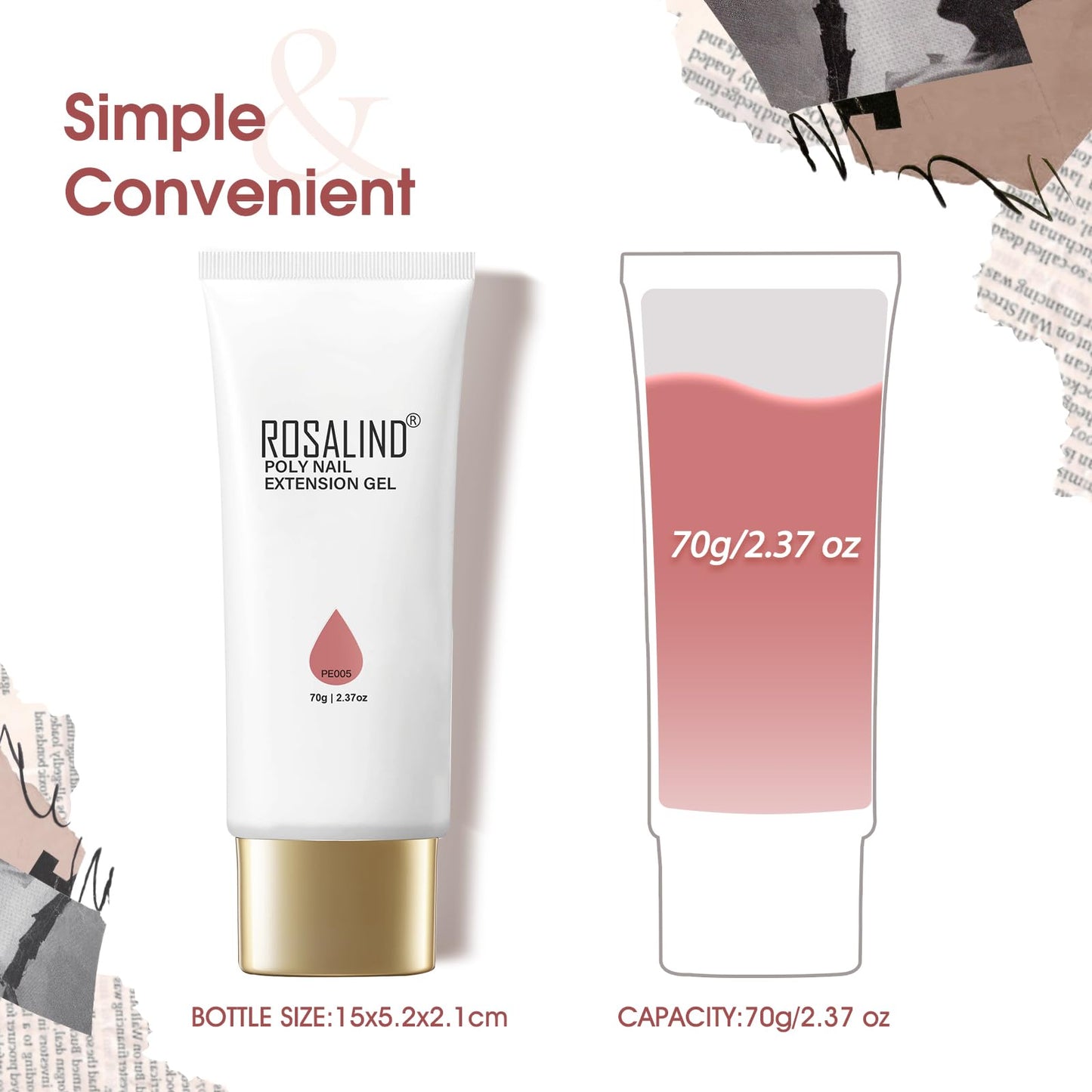 ROSALIND Large Tubes Rose Pink Poly Nail Gel, 2.37oz/70g Nail Extension Gel, Rose Pink Poly Hard Gels for Beginner & Professional Nail Art, Nail Strengthener 3D Molding Gels Salon DIY at Home
