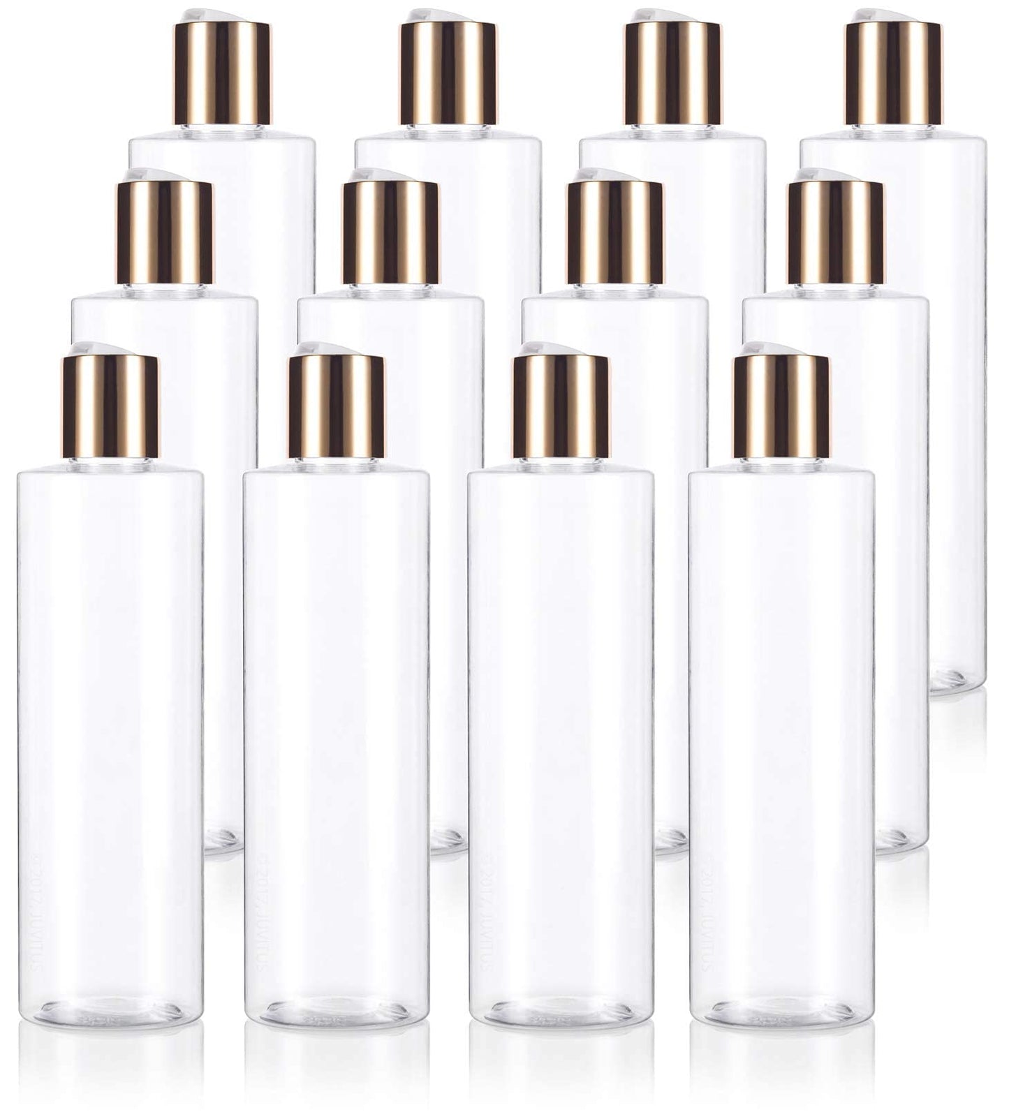 8 oz Clear Professional Cylinder PET Plastic Bottles (BPA Free) with Gold Disc Cap Lid (12 pack)