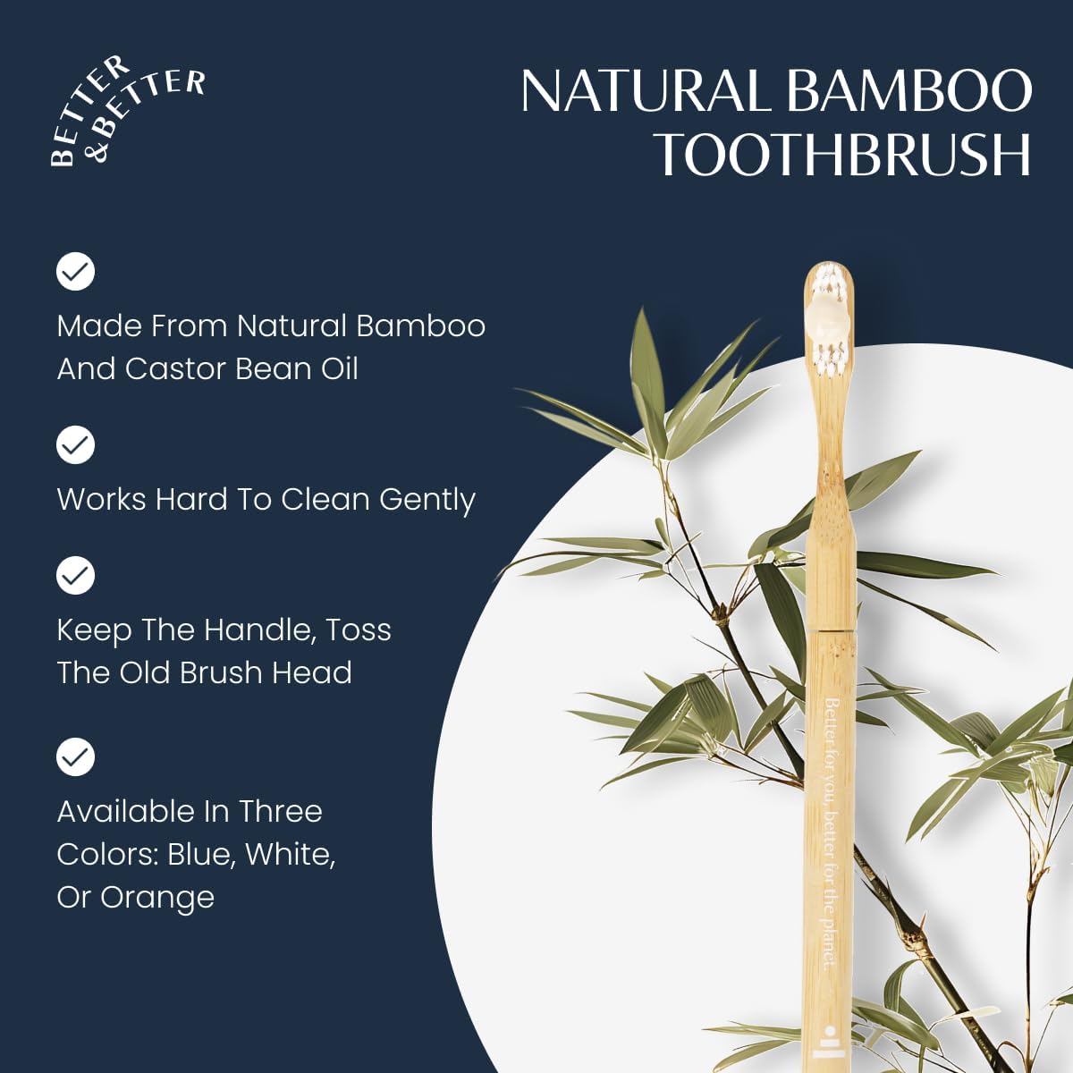Natural Bamboo Toothbrush - Eco-Friendly, Soft Bristles | 100% Plant-Based, Reusable Handle | Adult Size (Blue, White & Orange)