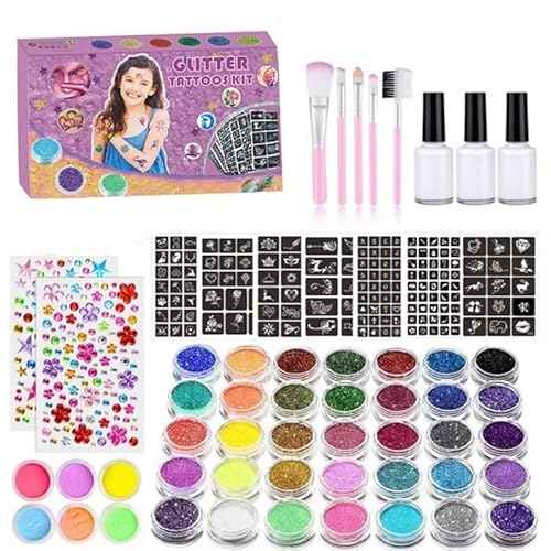 Temporary Glitter Tattoos Kit for Kids, 36 Large Glitter Colors & 6 Fluorescent Colors, 151 Stencils, 3 Glue, 5 Brushes, 2 Gem Stickers, Adults & Kids Arts Make Up Kit, Holiday Gifts for Girls & Boys